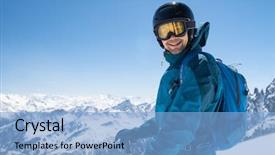  Presentation with happy holiday - Cool new PPT theme with mountaineering - cheerful skier looking at camera backdrop and a light blue colored foreground