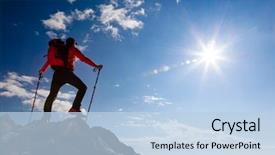  Presentation with mountain top - Theme featuring mountaineering - male hiker standing background and a light blue colored foreground