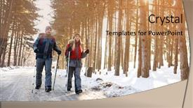  Presentation with mountain hiking - PPT theme enhanced with mountaineering - young mountaineers couple walking background and a coral colored foreground