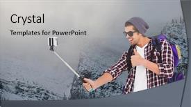  Presentation with man on top of mountain - Colorful PPT theme enhanced with mountains explorer ice fog - digital composite of happy man backdrop and a light gray colored foreground