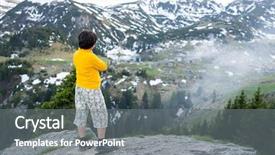  Presentation with child exploring - Beautiful presentation design featuring mountains explorer rocks ice clouds - child exploring the mountain backdrop and a  colored foreground