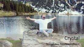  Presentation with nature - Slide deck with mountains explorer rocks ice clouds - happy man enjoying in nature background and a light gray colored foreground