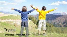  Presentation with kids - PPT theme with mountains explorer rocks ice clouds - kids enjoy in nature background and a  colored foreground