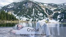  Presentation with mountain - Colorful presentation theme enhanced with mountains explorer rocks ice clouds - relaxed man in mountain backdrop and a light blue colored foreground