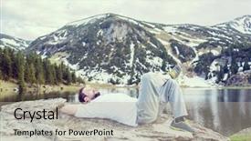  Presentation with helping man mountain - Presentation design consisting of mountains explorer rocks ice clouds - relaxed man in mountain background and a light gray colored foreground