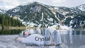  Presentation with helping man mountain - Colorful PPT theme enhanced with mountains explorer rocks ice clouds - relaxed man in mountain backdrop and a light blue colored foreground