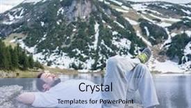  Presentation with helping man mountain - Audience pleasing slide deck consisting of mountains explorer rocks ice clouds - relaxed man in mountain backdrop and a light blue colored foreground