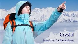  Presentation with mountains fantasy abstract nature landscape - Amazing slides having mountains man hiking rocks ice clouds - mountaineer pointing at peak standing backdrop and a lemonade colored foreground