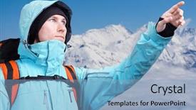  Presentation with landscape - Slide deck enhanced with mountains man hiking rocks ice clouds - mountaineer pointing at peak standing background and a light blue colored foreground
