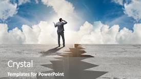  Presentation with cliff - Theme consisting of mountains obstacles - businessman standing unsure next background and a gray colored foreground