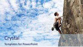  Presentation with sky blue - Cool new theme with mountains obstacles - young man climbs backdrop and a sky blue colored foreground