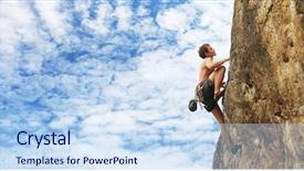  Presentation with cliff - Colorful slides enhanced with mountains obstacles - young man climbs backdrop and a sky blue colored foreground