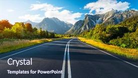  Presentation with mountain road up hill - Audience pleasing presentation theme consisting of mountains on the background area backdrop and a  colored foreground