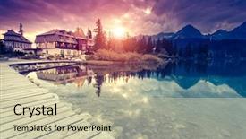  Presentation with k2 mountain movement - PPT theme enhanced with mountains rivers - fantastic mountain lake with berth background and a soft green colored foreground