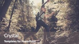  Presentation with mountain stream - Slide deck having mountains rivers - man hiker jumping across stream background and a gray colored foreground
