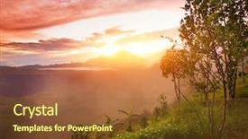  Presentation with green lake - Presentation theme having mountains with lake and green lush meadow with tree on a hill side background and a tawny brown colored foreground