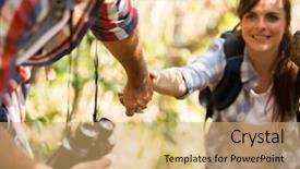  Presentation with helping man mountain - Colorful PPT layouts enhanced with mountian - young man helping woman climbing backdrop and a coral colored foreground