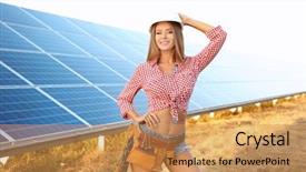 Presentation with solar panels - Presentation theme enhanced with beautiful young engineer on solar background and a coral colored foreground