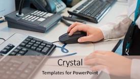  Presentation with hand shake computer - Cool new slides with mouse at desk in airport backdrop and a  colored foreground