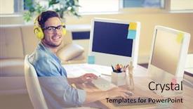  Presentation with creative - Slide set enhanced with mouse race - happy designer smiling at camera background and a soft green colored foreground