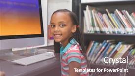  Presentation with african american in computer lab - Amazing slide deck having mouse race - portrait of happy african-american schoolgirl backdrop and a gray colored foreground
