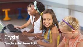  Presentation with classroom - Colorful PPT theme enhanced with mouse race - schoolgirls using computer in classroom backdrop and a violet colored foreground