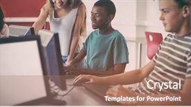  Presentation with classroom - Presentation design enhanced with mouse race - students using computer in classroom background and a coral colored foreground