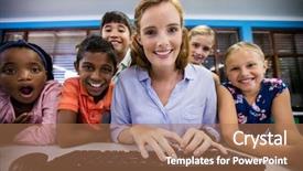  Presentation with technology students - Slide set with mouse race - teacher giving lesson to her background and a coral colored foreground