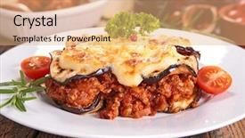  Presentation with eggplant - Slide set consisting of moussaka beef with eggplant background and a coral colored foreground