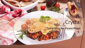  Presentation with beef - Colorful presentation theme enhanced with moussaka with beef tomato sauce and cheese backdrop and a coral colored foreground
