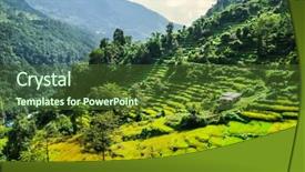  Presentation with rice terraces - Slide deck with beautiful landscape of green valley with rice terraces in nepalese himalayas background and a tawny brown colored foreground