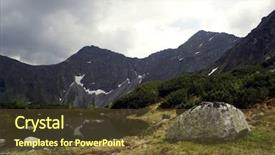  Presentation with pond - Audience pleasing PPT theme consisting of moutains pond under dark clouds backdrop and a tawny brown colored foreground