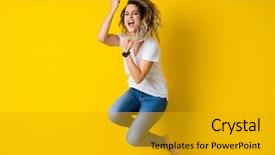  Presentation with young athletes box jumping - Presentation design consisting of mouth over isolated yellow background background and a gold colored foreground