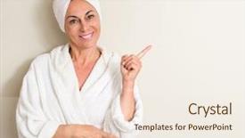  Presentation with finger - Theme having mouth wash - beautiful middle age woman wet background and a  colored foreground