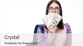  Presentation with woman covering man mouth hand - Colorful slide deck enhanced with mouth with bolls of dollar backdrop and a white colored foreground