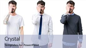  Presentation with woman covering man mouth hand - Slides enhanced with mouth with hand face hurt background and a  colored foreground