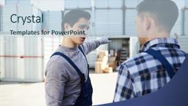  Presentation with heavy equipment earth mover - Slides enhanced with mover in workwear discussing unloading background and a sky blue colored foreground