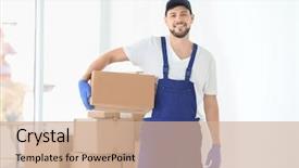  Presentation with cinematography video movie cinema concept - Beautiful slide deck featuring movers - house moving concept man holding backdrop and a coral colored foreground