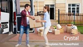 Presentation with boxes - PPT theme having movers - portrait of man taking cardboard background and a coral colored foreground