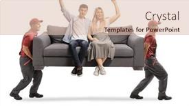  Presentation with happiness - PPT theme featuring movers-carrying-a-young-couple background and a lemonade colored foreground