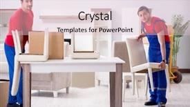  Presentation with personal belongings - Slide set with movers packers - two contractor employees moving personal background and a  colored foreground