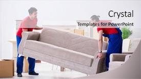  Presentation with employees - Colorful presentation enhanced with movers packers - two contractor employees moving personal backdrop and a sky blue colored foreground