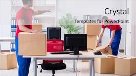  Presentation with employees - Slide set with movers packers - two contractor employees moving personal background and a white colored foreground