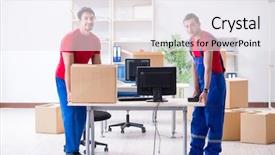  Presentation with personal belongings - Cool new PPT theme with movers packers - two contractor employees moving personal backdrop and a sky blue colored foreground