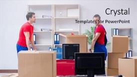  Presentation with personal belongings - Beautiful presentation theme featuring movers packers - two contractor employees moving personal backdrop and a light gray colored foreground