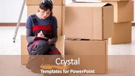  Presentation with contractor - Presentation theme with movers packers - woman contractor moving boxes background and a coral colored foreground