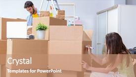  Presentation with boxes - Amazing PPT layouts having movers packers - young family unpacking at new backdrop and a coral colored foreground