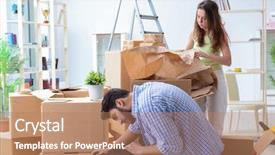  Presentation with family - Theme with movers packers - young family unpacking at new background and a  colored foreground