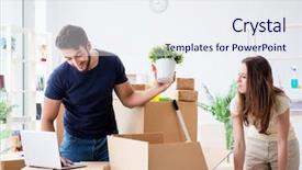  Presentation with new family new born - Beautiful presentation theme featuring movers packers - young family unpacking at new backdrop and a sky blue colored foreground