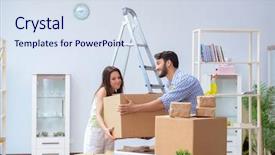  Presentation with boxes - Theme with movers packers - young family unpacking at new background and a sky blue colored foreground
